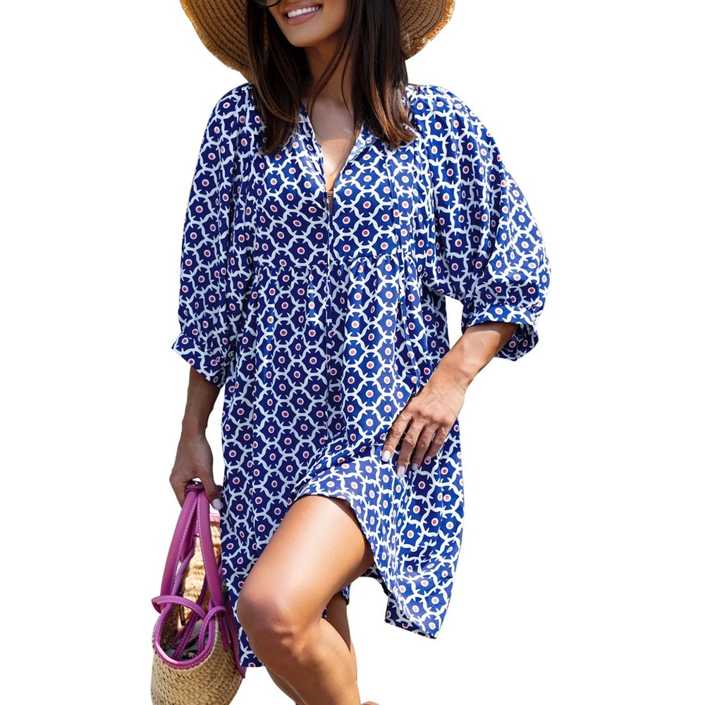 Miduo Blue White Geometric Tile Print V-Neck Babydoll Shift Tunic Dress Boho S